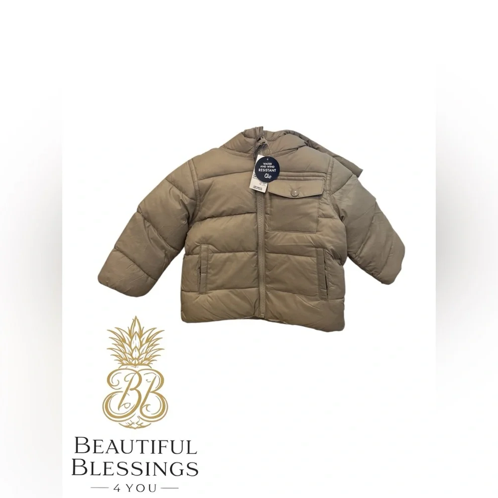 Children’s Place Toddler Boy 18-24 Month Tan Puffer Jacket With Fleece Inside